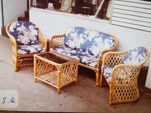 籐編藍花坐墊休閒套裝